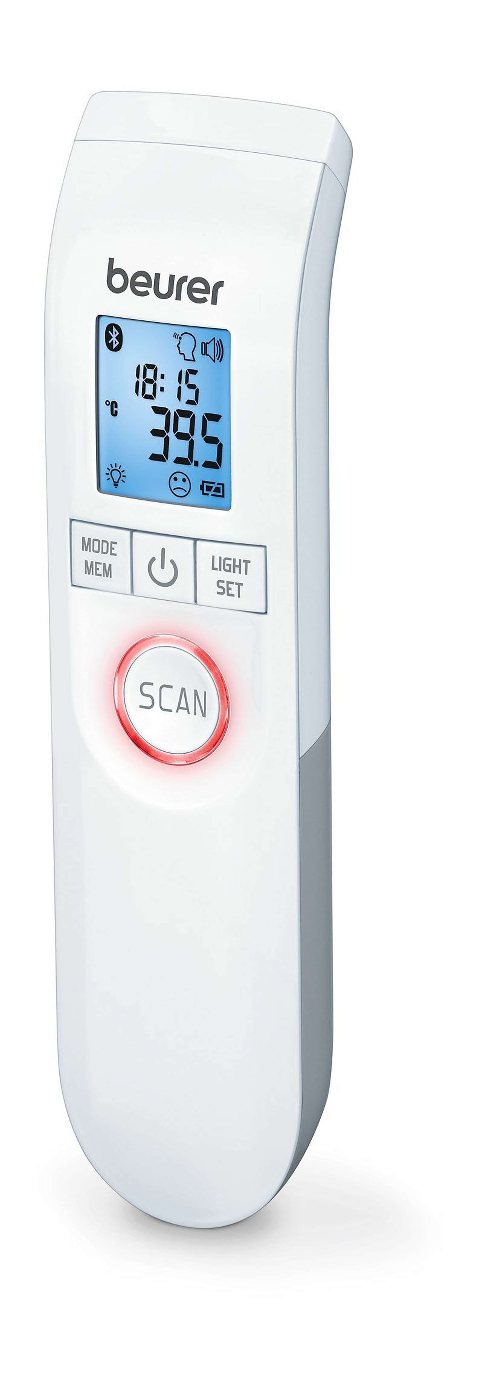 The Beurer FT95 thermometer displays different coloured lights depending on temperature