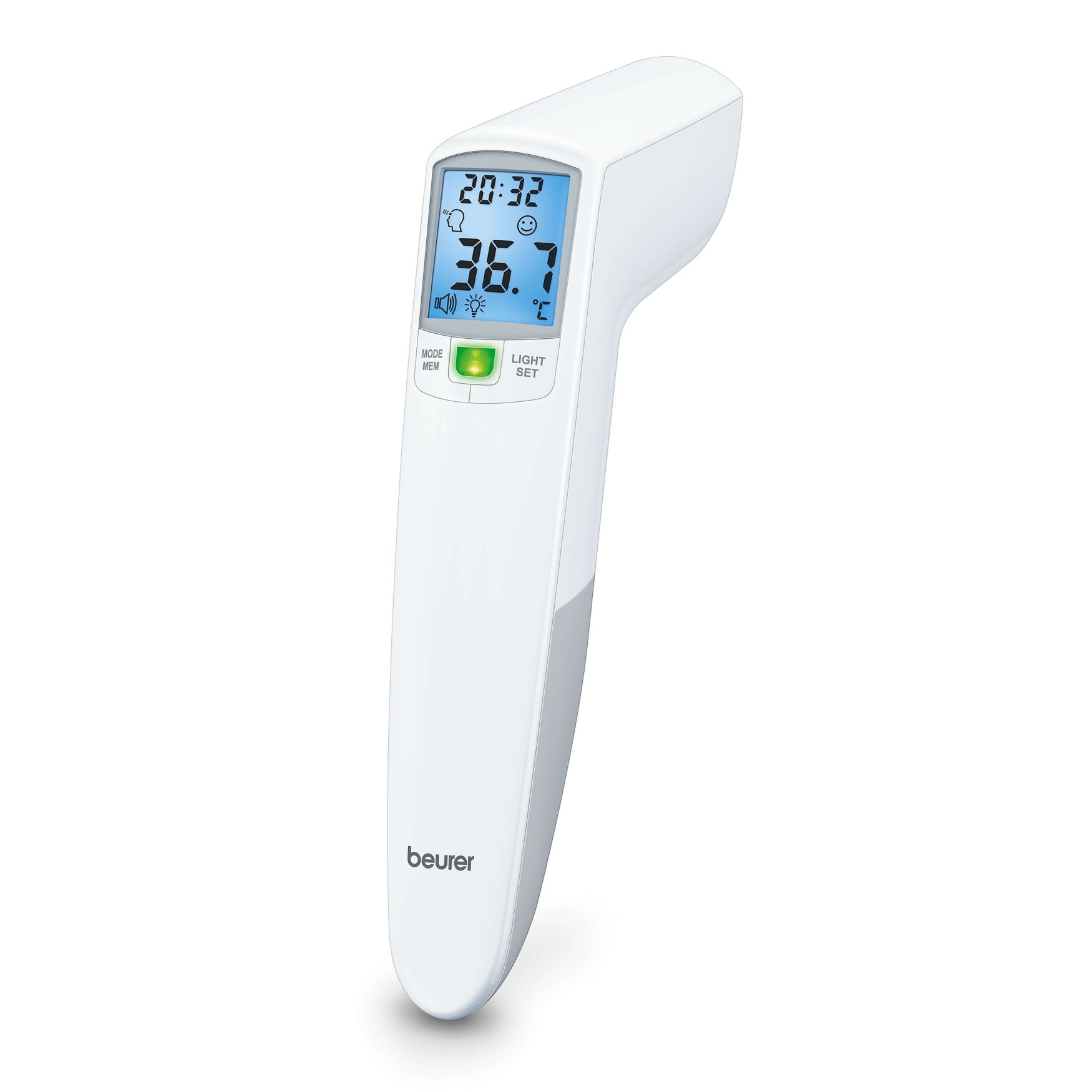 The Beurer FT100 thermometer lights up green when no temperature is detected